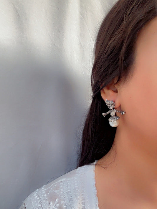 Quirky Angel Big Pearl Studs — Oxidized Boho Earrings