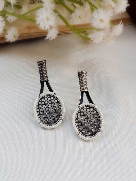 Quirky Badminton Pearl Studs – Oxidized Boho Earrings