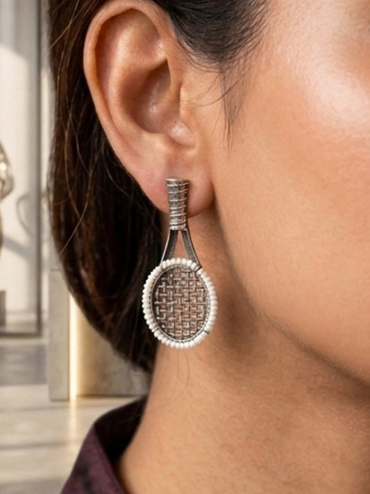Quirky Badminton Pearl Studs – Oxidized Boho Earrings
