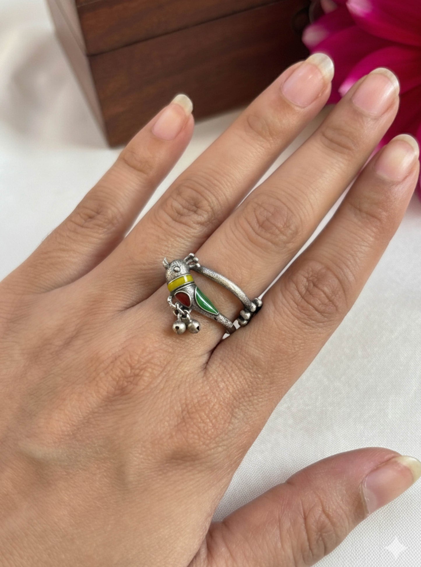 Quirky Birdie Handpainted Enamel Adjustable Ring