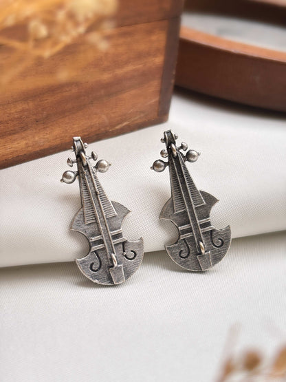 Quirky Cello Unique Studs – Oxidized Silver Replica Boho Earrings