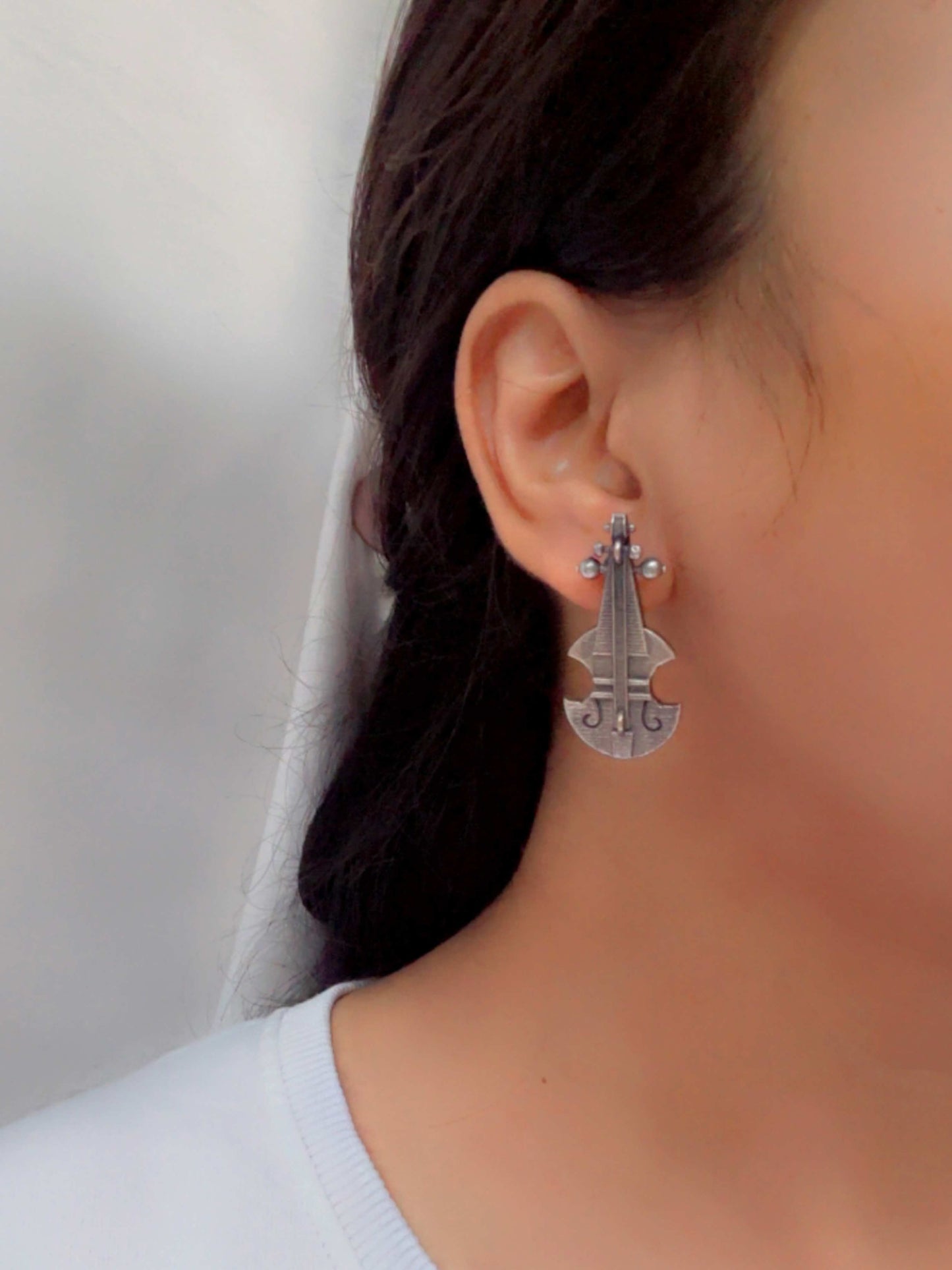 Quirky Cello Unique Studs – Oxidized Silver Replica Boho Earrings