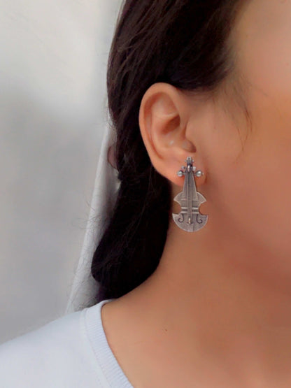 Quirky Cello Unique Studs – Oxidized Silver Replica Boho Earrings