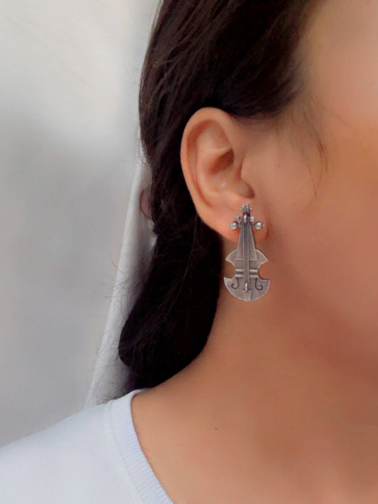 Quirky Cello Unique Studs – Oxidized Silver Replica Boho Earrings