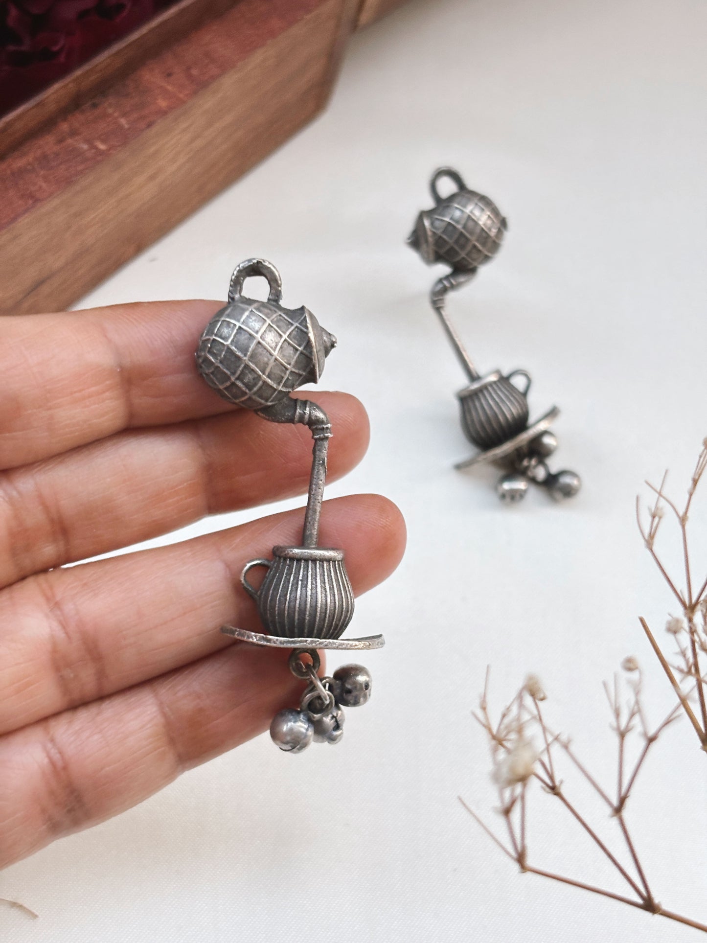 Quirky Chai Garam Ghungroo Studs – Oxidized Boho Earrings