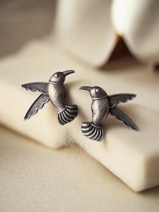 Quirky Hummingbird Studs – Oxidized Silver Earrings