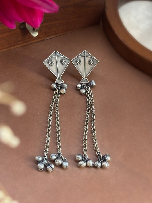 Quirky Kite Ghungroo Silver Dangle – Oxidized Boho Earrings