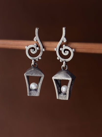 Quirky Lantern Lamp Pearl Dangle Earrings