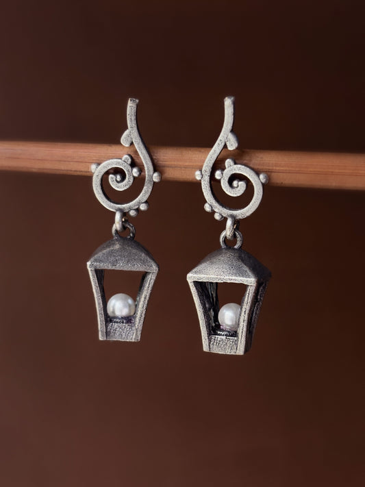 Quirky Lantern Lamp Pearl Dangle Earrings