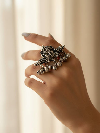 Quirky Maa Durga Ghungroo Ring – Oxidized Boho Statement Ring