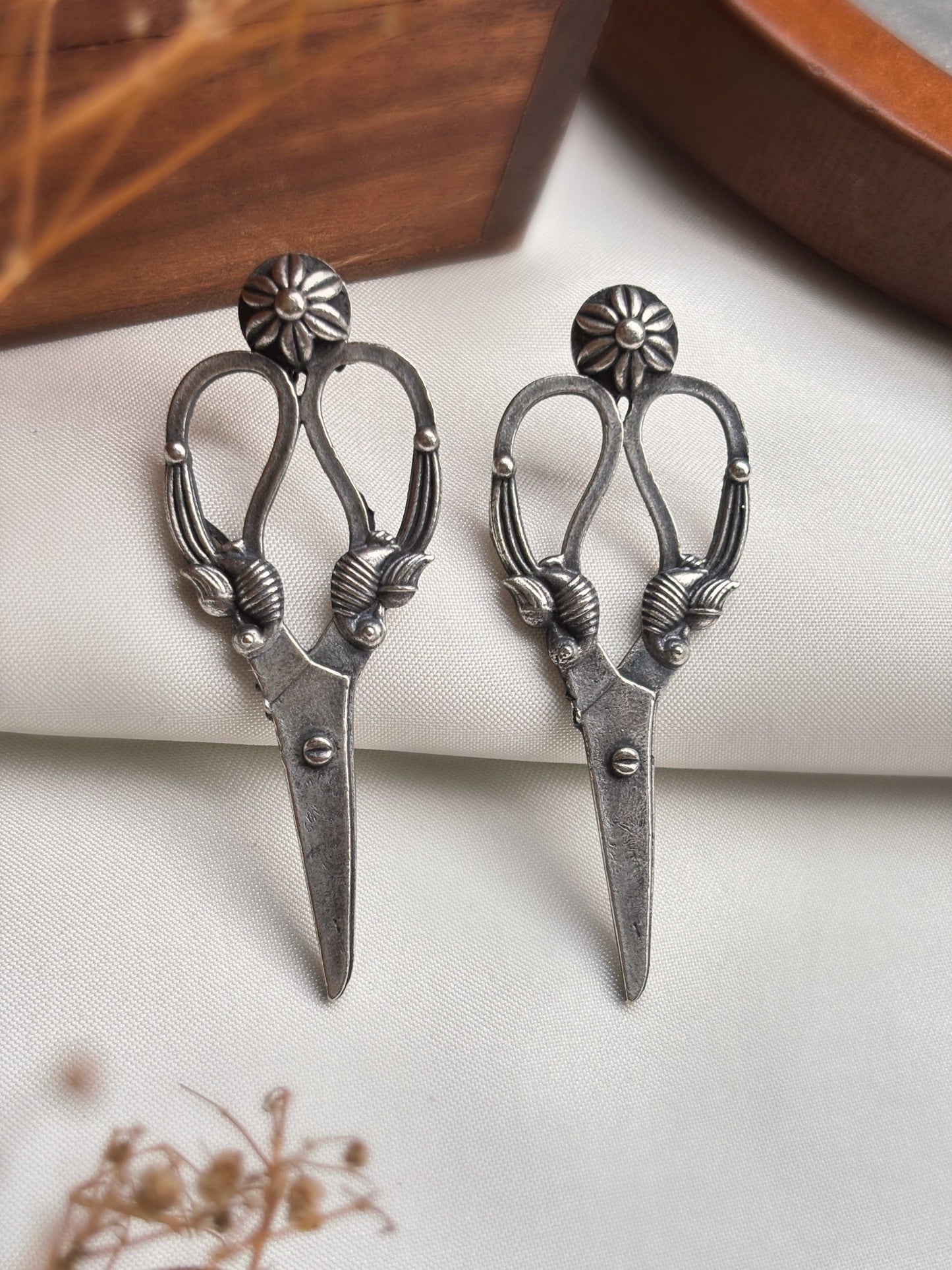 Quirky Antique Scissors Studs – Oxidized Silver Replica Unique Earrings