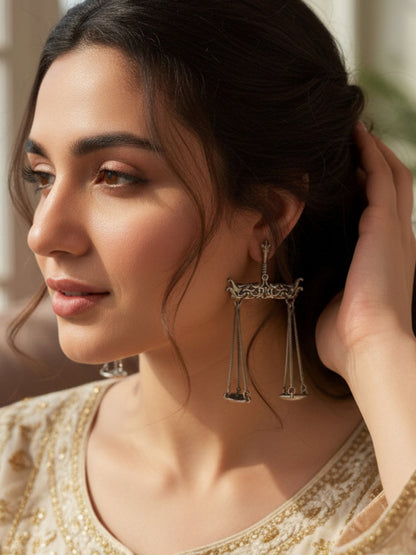 Quirky Taraju Long Dangle Earrings – Oxidized Silver Replica