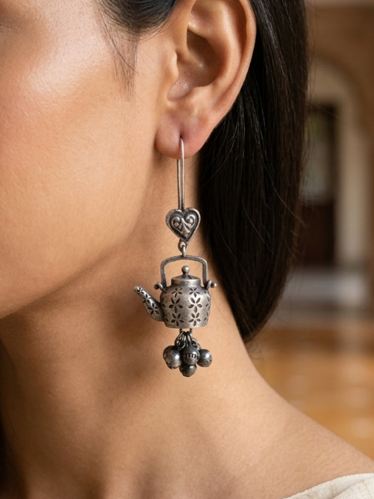 Quirky Teapot Oxidized Silver Ghungroo Hook Earrings