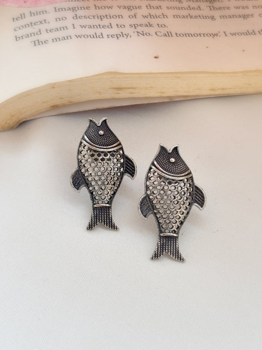 Quirky Tuna Studs – Silver Oxidized Boho Earrings
