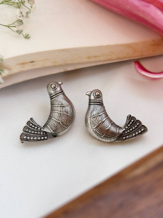 Quirky Cuckoo Studs – Silver Oxidized Boho Earrings