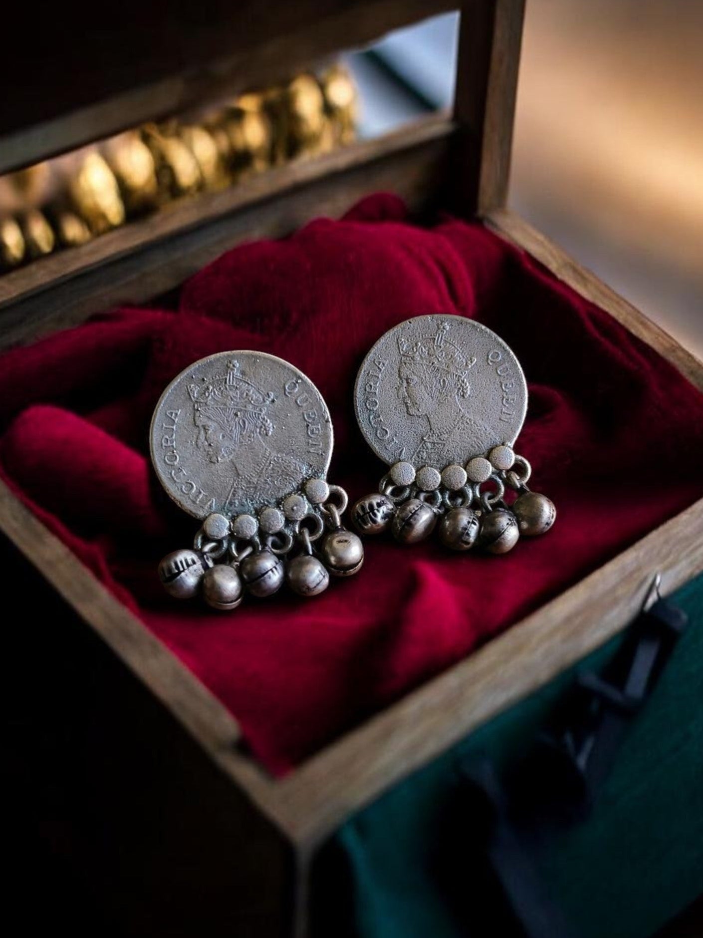 Quirky Her Majesty Coin Ghungroo Oxidised Silver Stud Earrings