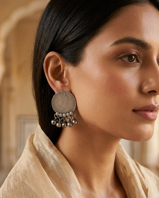 Quirky Her Majesty Coin Ghungroo Oxidised Silver Stud Earrings