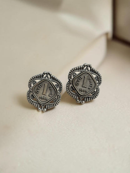 Quirky One Paisa Coin Stud Earrings – Oxidised Silver Finish