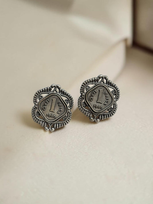 Quirky One Paisa Coin Stud Earrings – Oxidised Silver Finish
