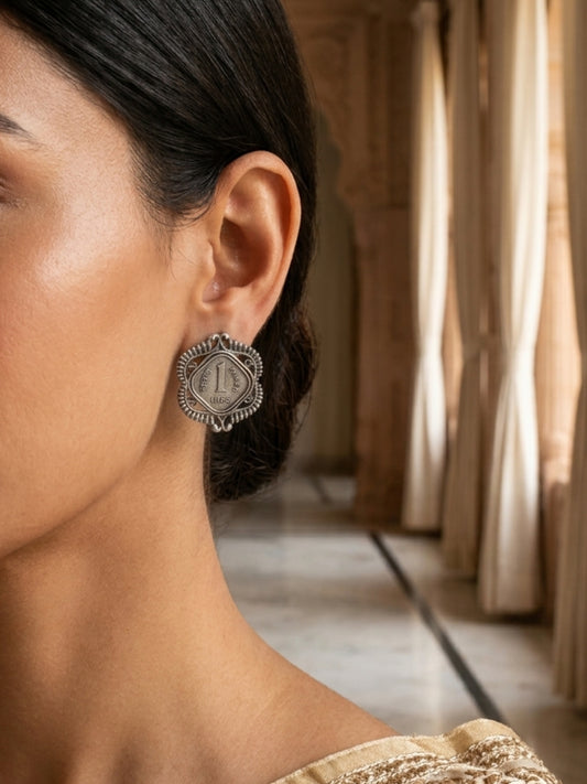 Quirky One Paisa Coin Stud Earrings – Oxidised Silver Finish