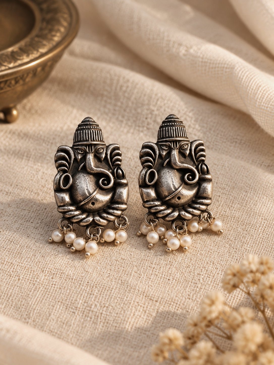 Quirky Ganesha Pearl Stud Earrings