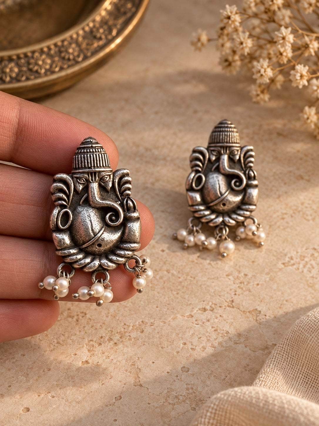 Quirky Ganesha Pearl Stud Earrings