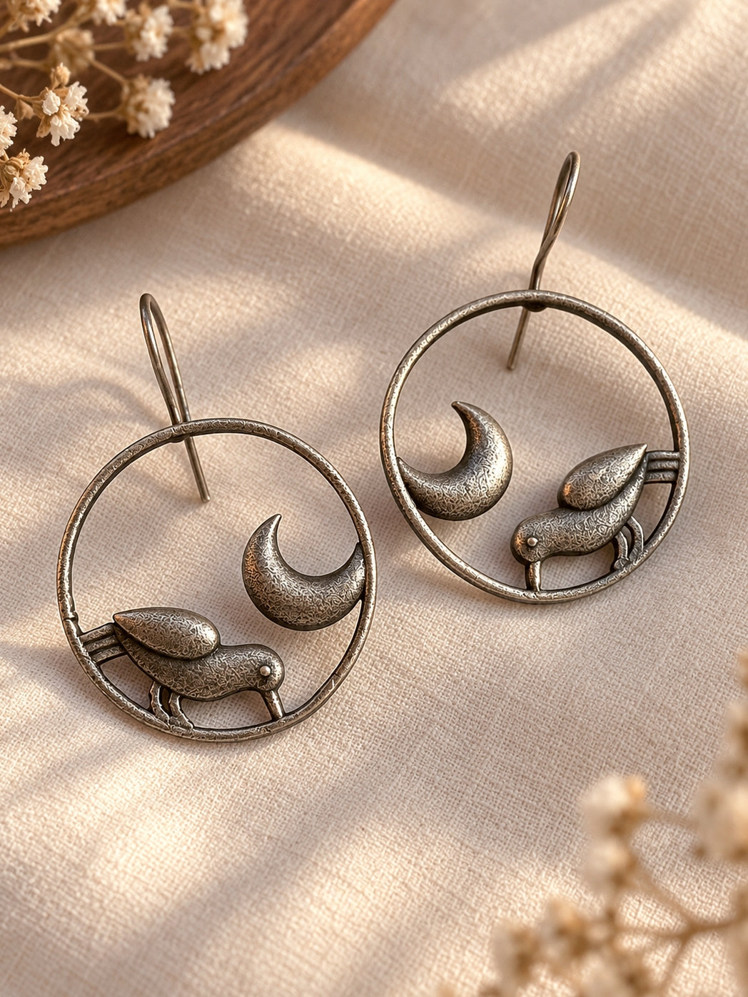 Quirky Moonbird Hook Oxidized Silver Boho Earrings