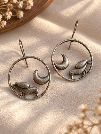 Quirky Moonbird Hook Oxidized Silver Boho Earrings