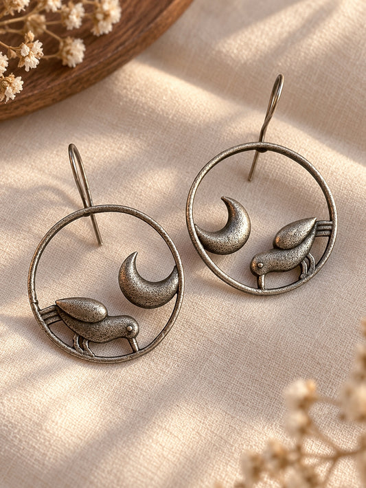 Quirky Moonbird Hook Oxidized Silver Boho Earrings