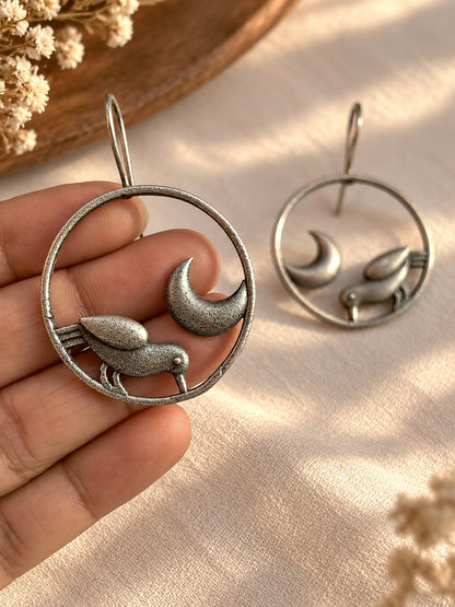 Quirky Moonbird Hook Oxidized Silver Boho Earrings