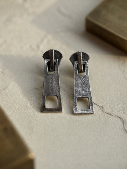 Quirky Ziplock Oxidized Silver Geometric Stud Earrings