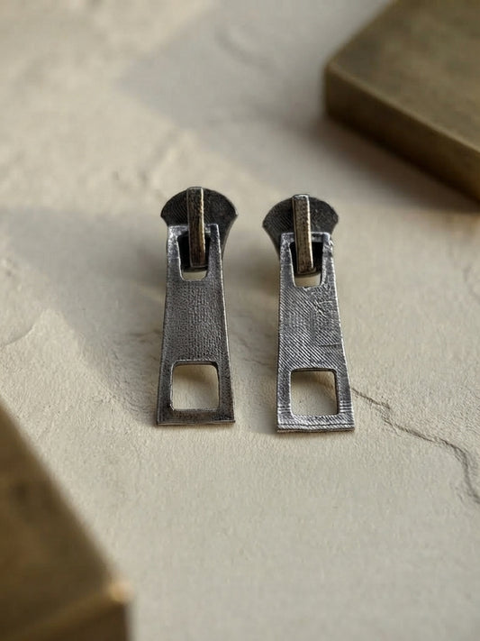 Quirky Ziplock Oxidized Silver Geometric Stud Earrings