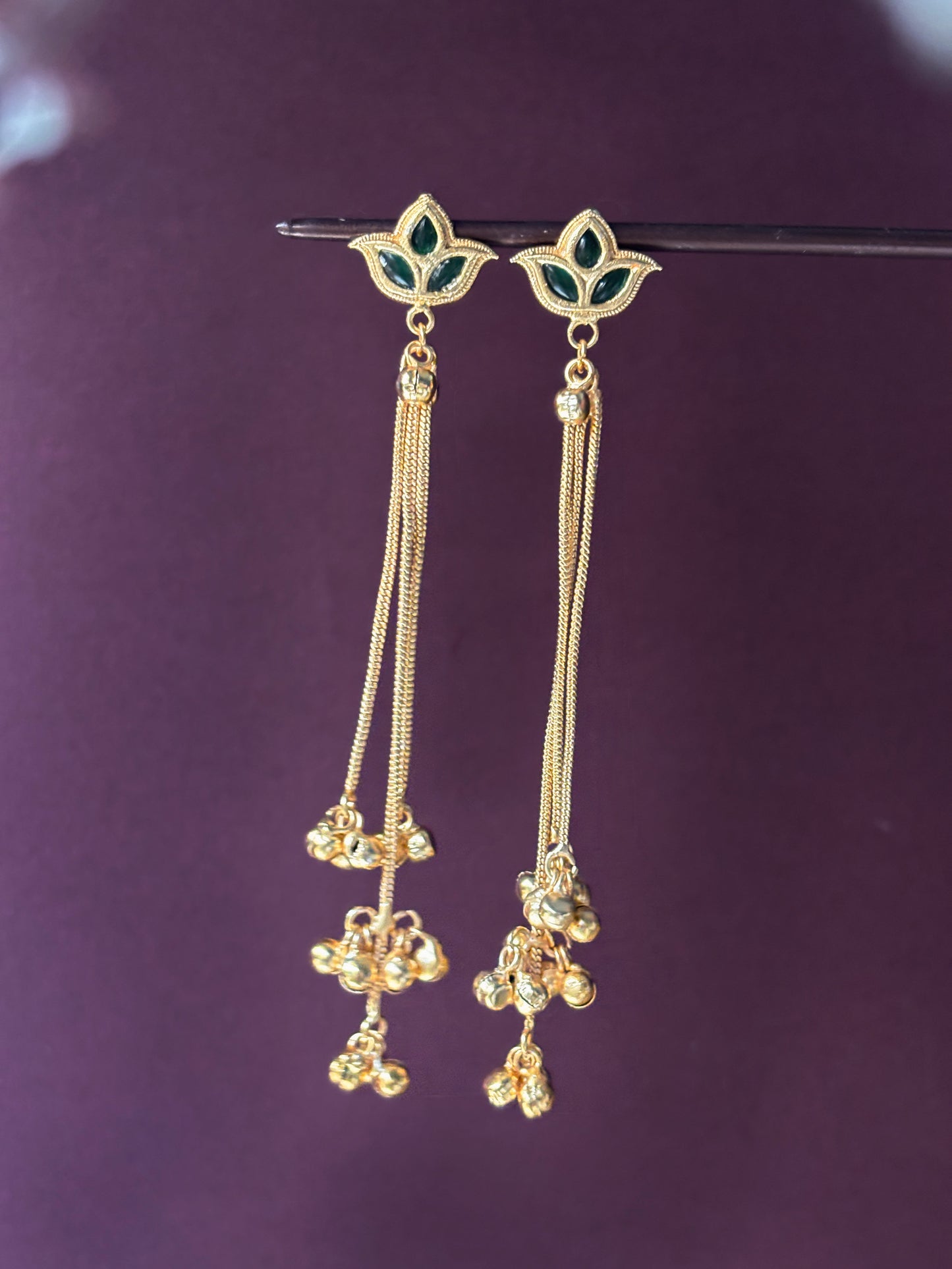 Raga Green Kashmiri Ghungroo Golden Dangle Earrings