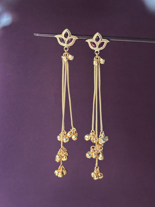 Raga Red Magenta Kashmiri Ghungroo Golden Dangle Earrings