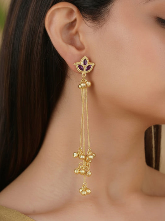 Raga Red Magenta Kashmiri Ghungroo Golden Dangle Earrings