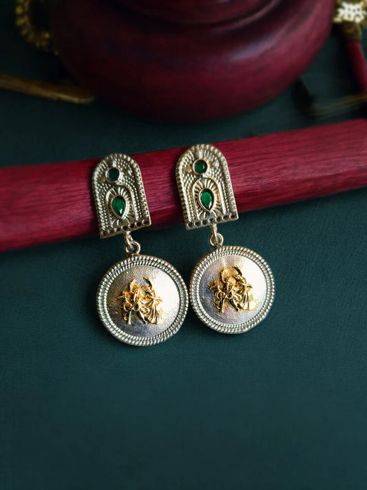 Raas Dual Tone Green Monalisa Stone Dangle Earrings