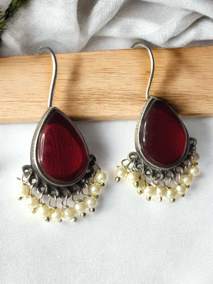 Dew Drop Monalisa Stone Oxidized Hook Earrings