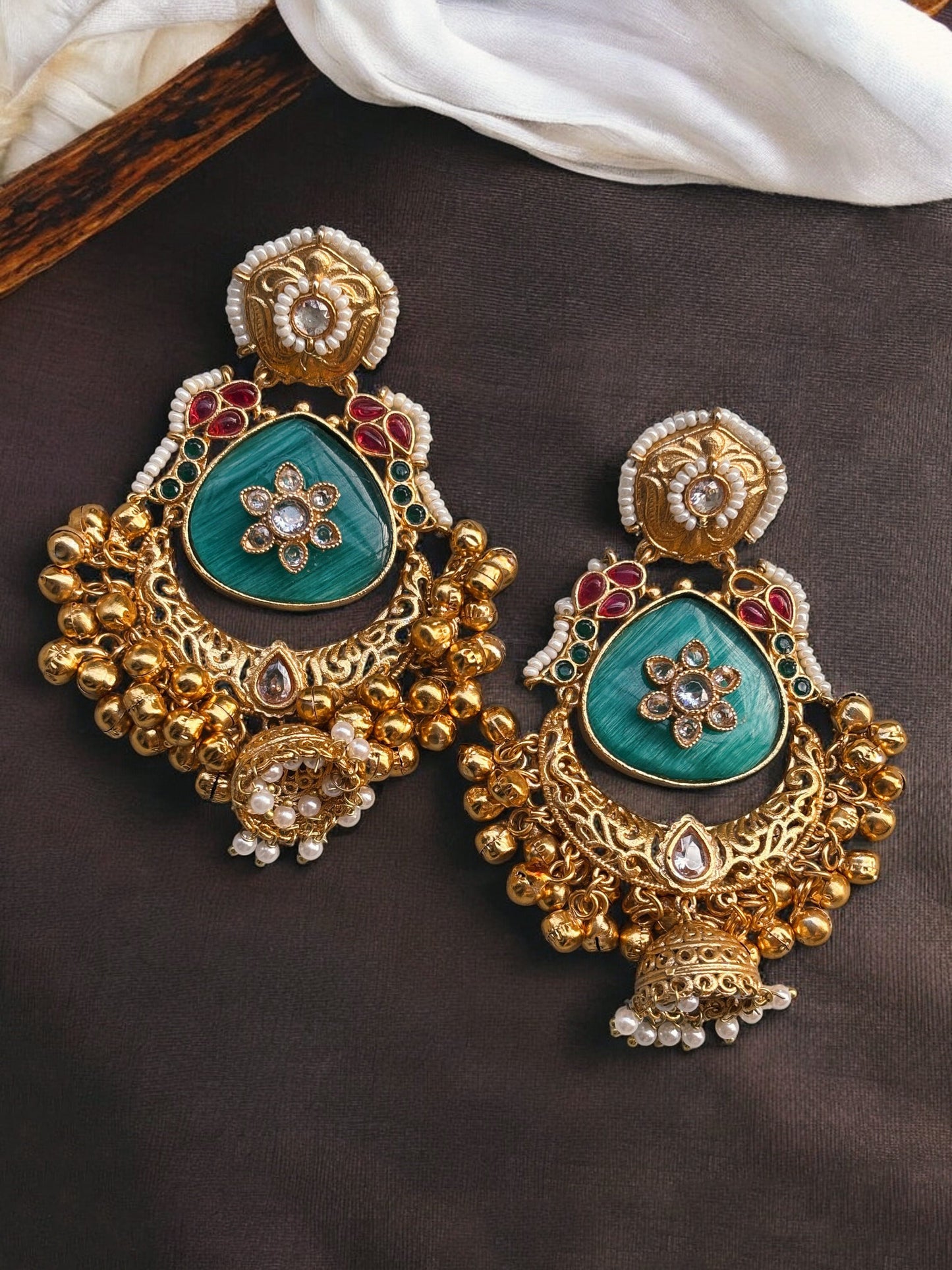 Risha Kashmiri Cyan Green Monalisa Stone Kundan Ghungroo Dangle Earrings