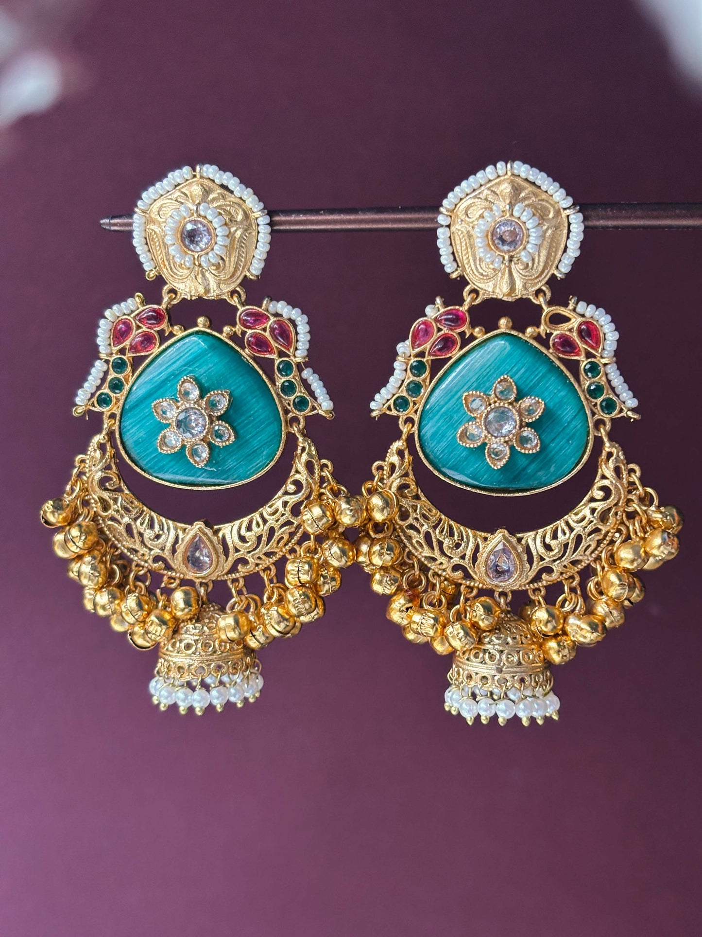 Risha Kashmiri Cyan Green Monalisa Stone Kundan Ghungroo Dangle Earrings