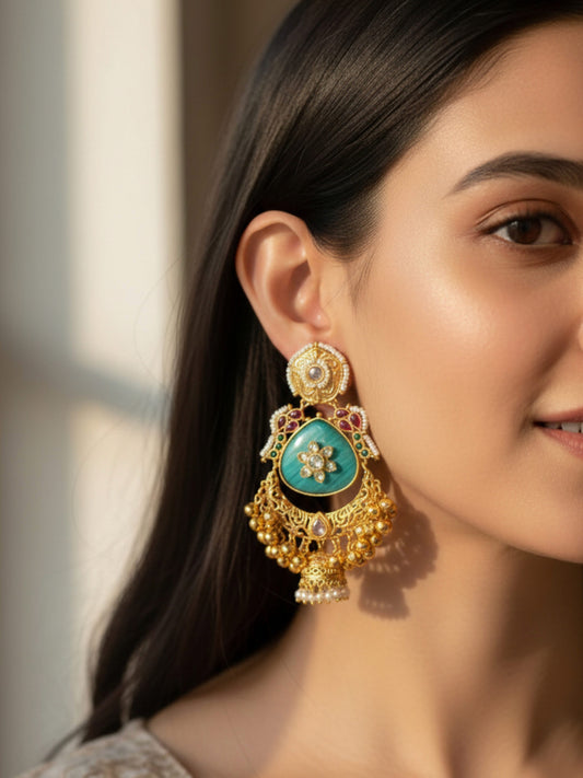 Risha Kashmiri Cyan Green Monalisa Stone Kundan Ghungroo Dangle Earrings
