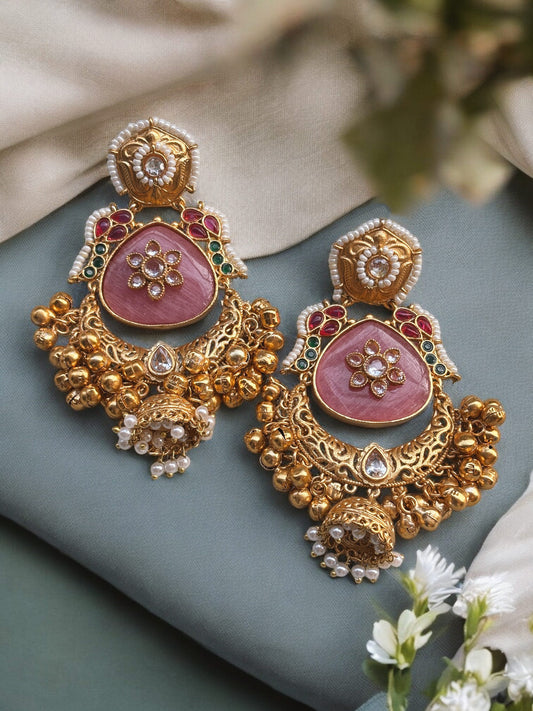 Risha Kashmiri Pink Monalisa Stone Kundan Ghungroo Dangle Earrings