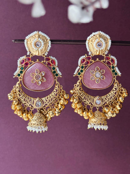 Risha Kashmiri Pink Monalisa Stone Kundan Ghungroo Dangle Earrings