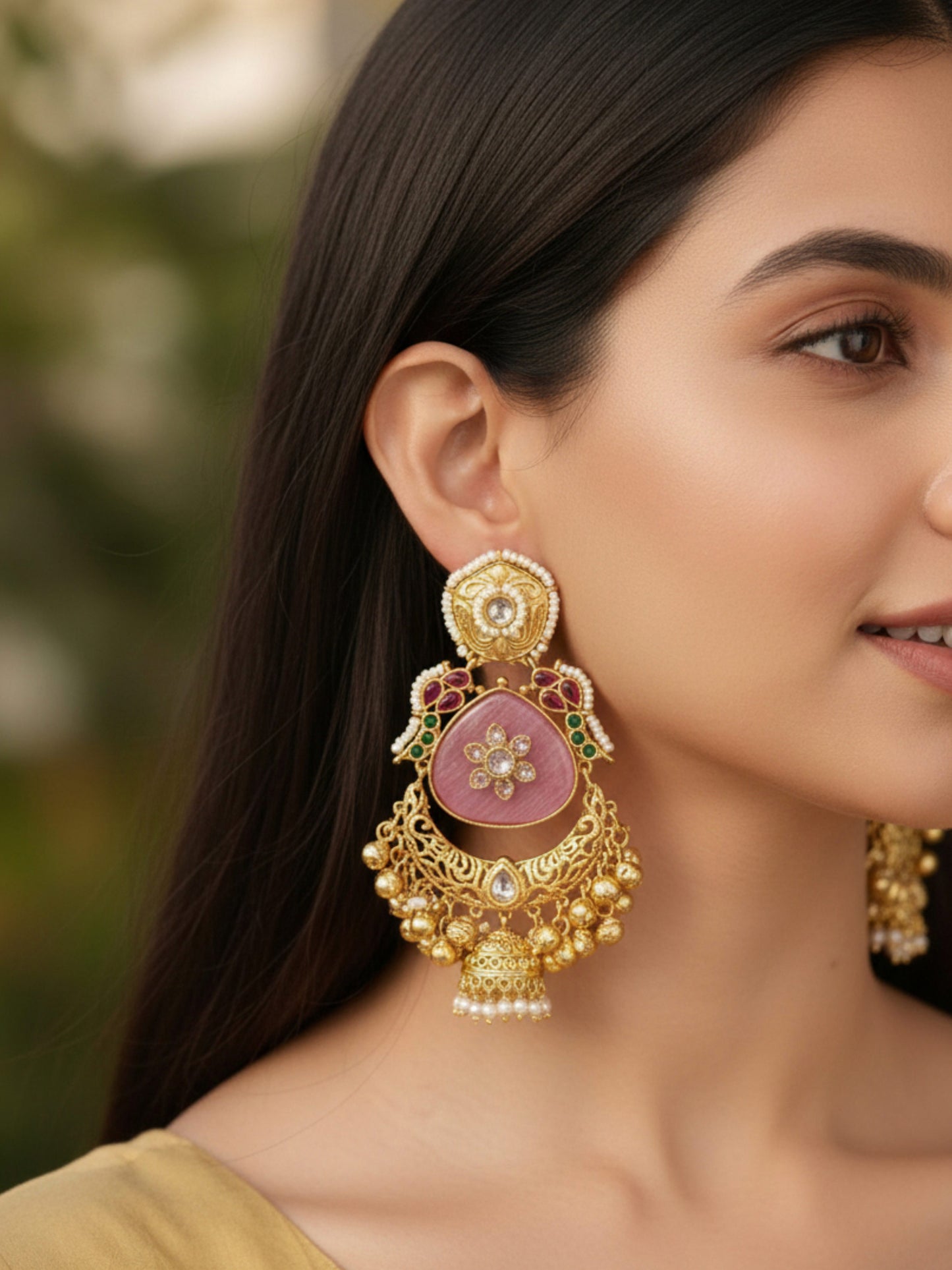 Risha Kashmiri Pink Monalisa Stone Kundan Ghungroo Dangle Earrings