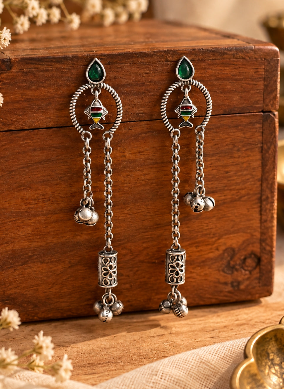 Riva Green Monalisa Stone Handpainted Dangle Earrings