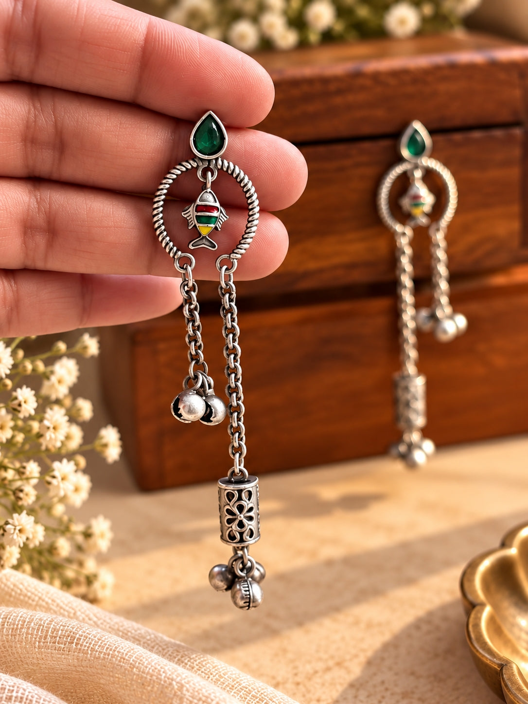 Riva Green Monalisa Stone Handpainted Dangle Earrings