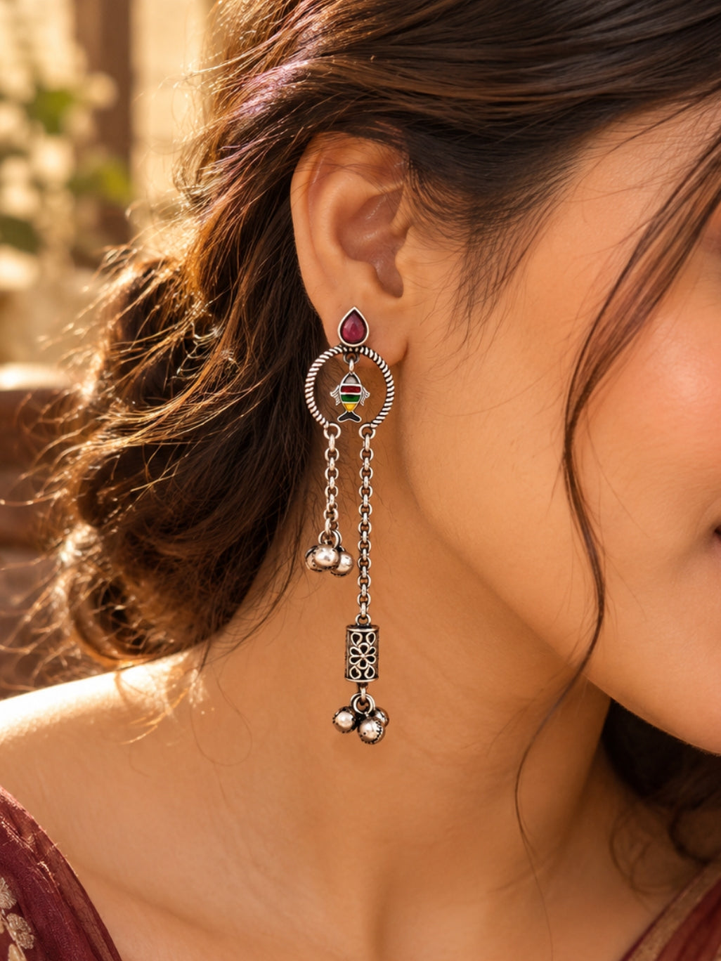 Riva Red Monalisa Stone Handpainted Dangle Earrings
