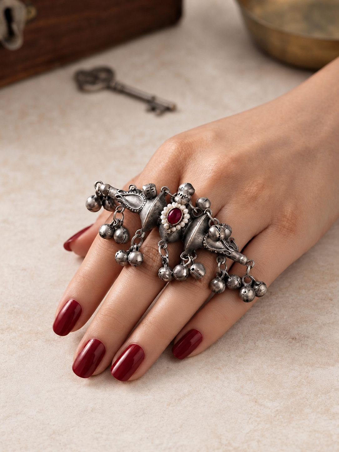 Ishayu Ruby Red Kundan Monalisa Stone Ghungroo Adjustable Ring