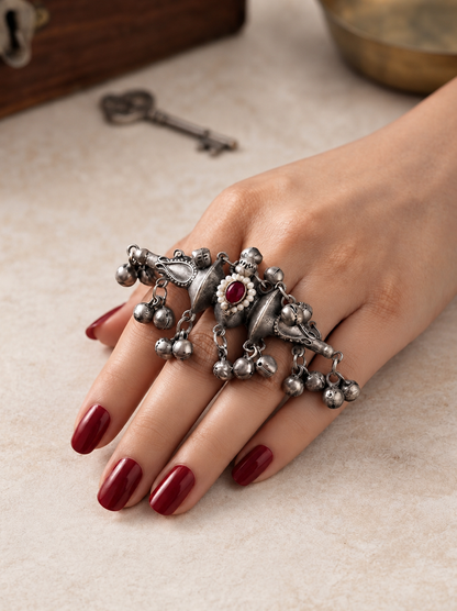 Ishayu Ruby Red Kundan Monalisa Stone Ghungroo Adjustable Ring