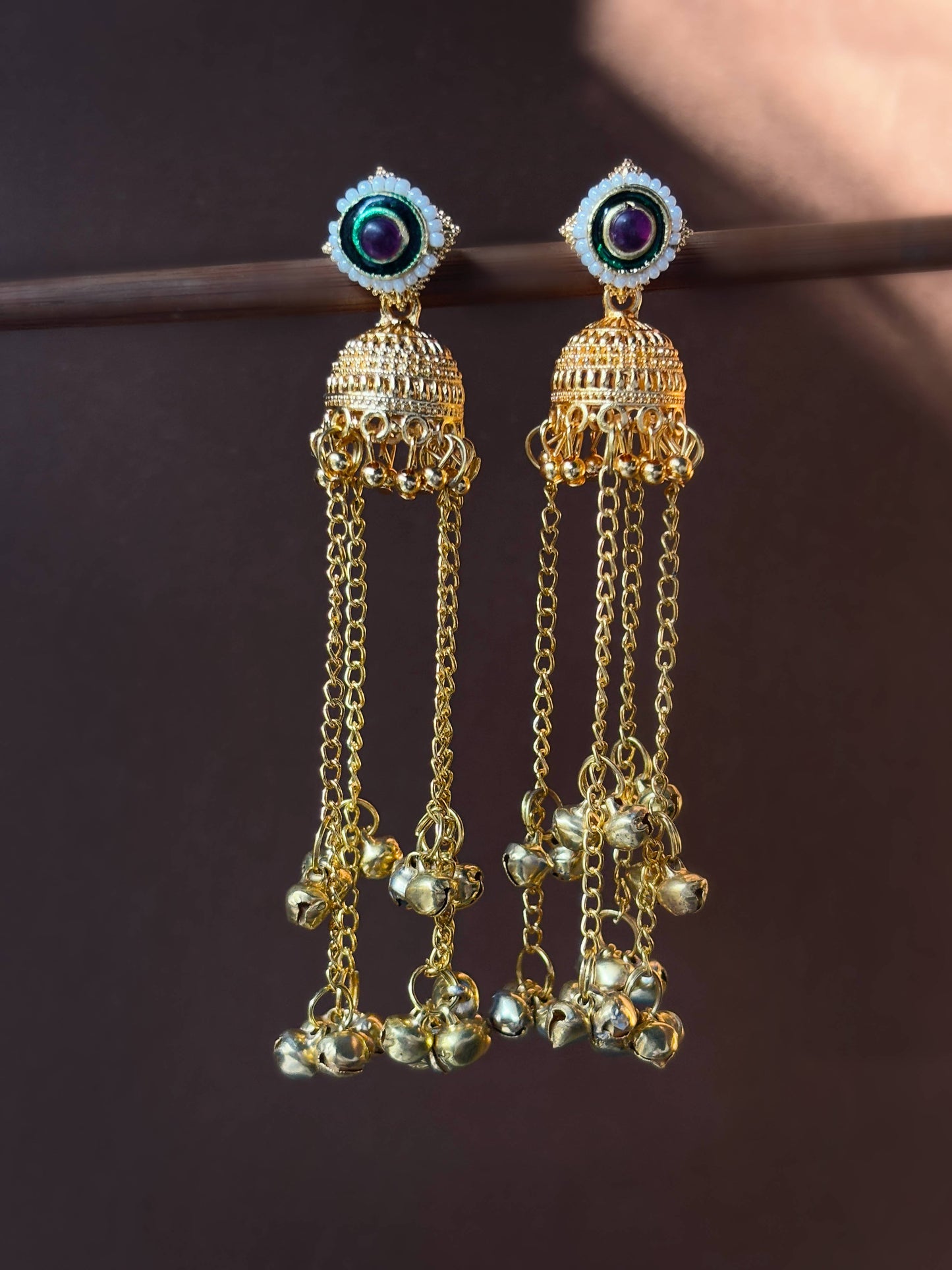 Rukma Red Green Kashmiri Ghungroo Golden Jhumki Dangle Earrings