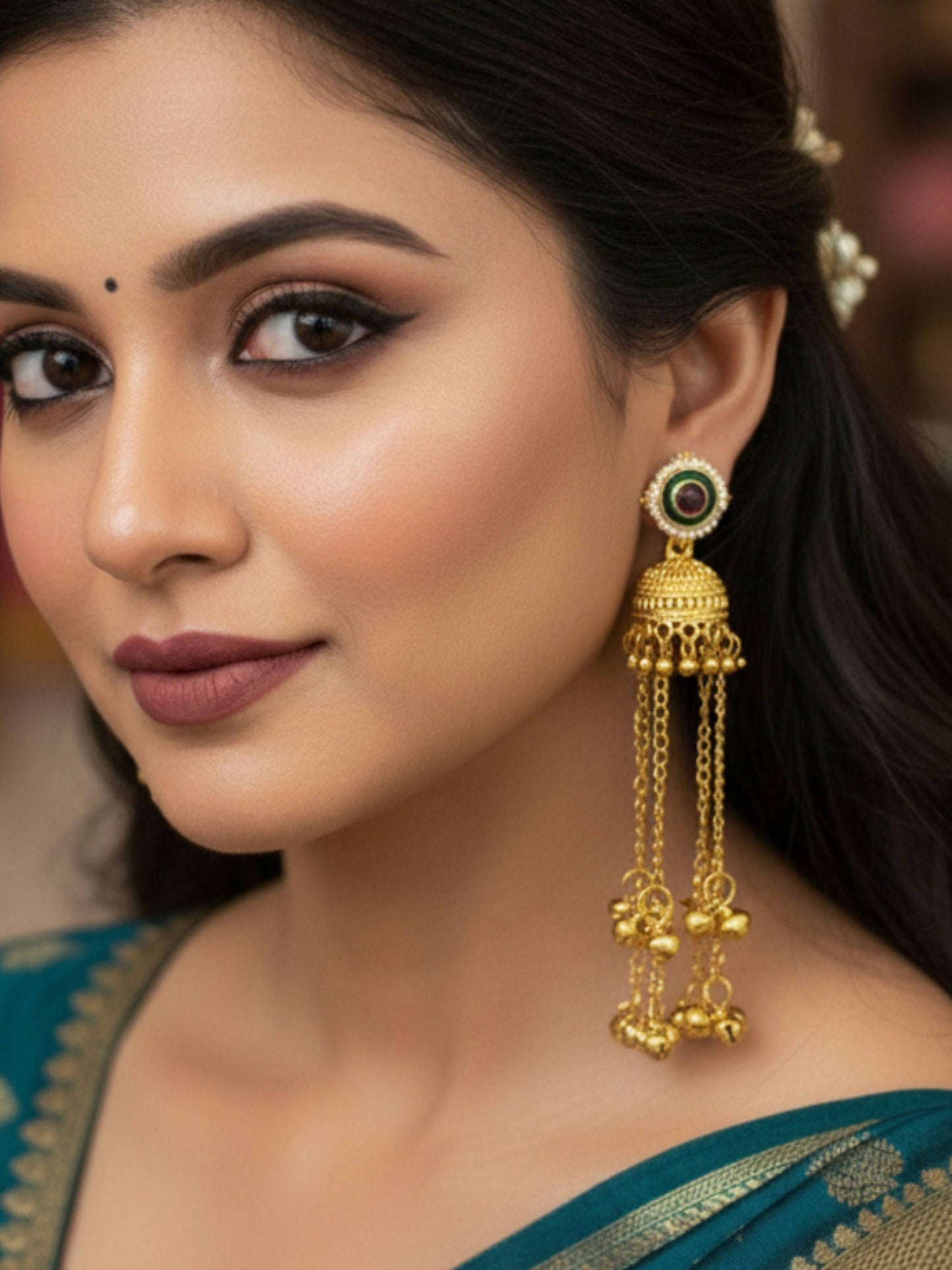 Rukma Red Green Kashmiri Ghungroo Golden Jhumki Dangle Earrings